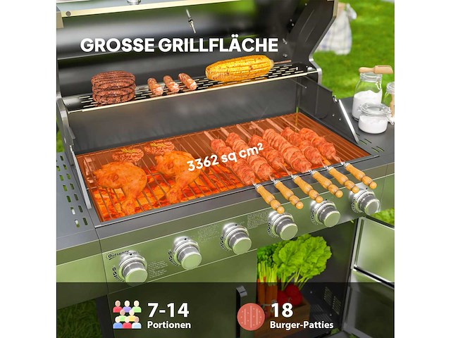 8500 btu gasgrill met karretje, 6 branders roestvrij staal - afbeelding 4 van  9