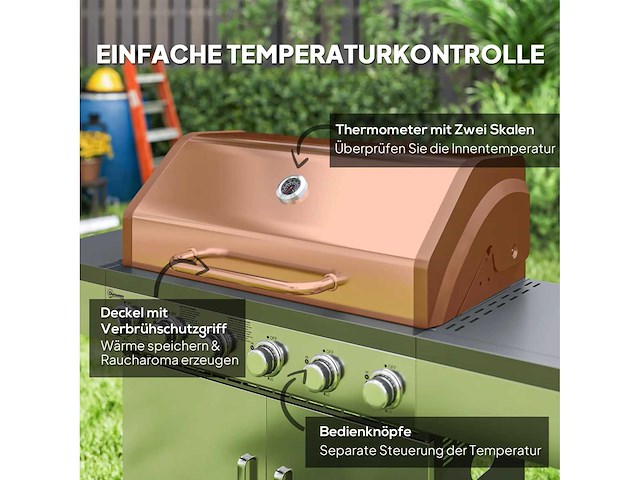 8500 btu gasgrill met karretje, 6 branders roestvrij staal - afbeelding 5 van  9