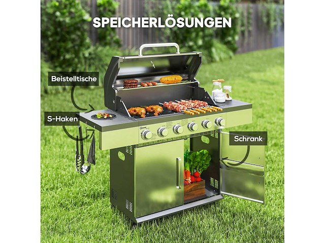 8500 btu gasgrill met karretje, 6 branders roestvrij staal - afbeelding 6 van  9
