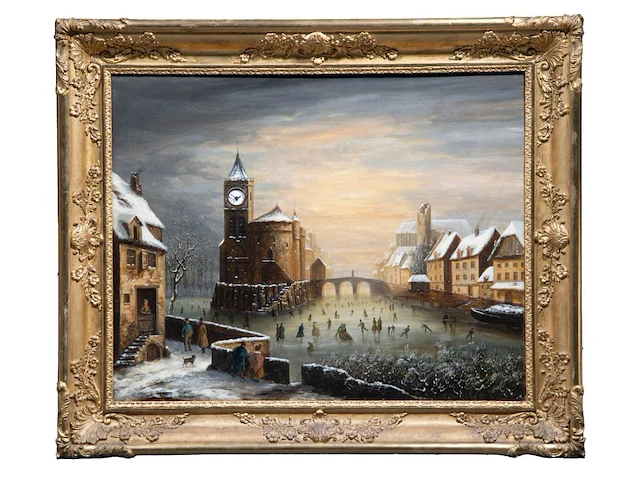 A 19thc musical picture clock depicting a romantic view of ice skaters in a dutch town, oil on canvas, 19thc the whole case: 84 x 100 x 18 cm. (33.07 x 39.36 x 7.08 in.), the painting: 64 x 81 cm. (25.19 x 31.89 in.) - afbeelding 1 van  11