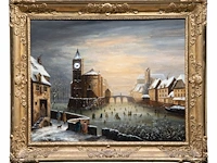 A 19thc musical picture clock depicting a romantic view of ice skaters in a dutch town, oil on canvas, 19thc the whole case: 84 x 100 x 18 cm. (33.07 x 39.36 x 7.08 in.), the painting: 64 x 81 cm. (25.19 x 31.89 in.)