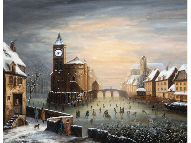 A 19thc musical picture clock depicting a romantic view of ice skaters in a dutch town, oil on canvas, 19thc the whole case: 84 x 100 x 18 cm. (33.07 x 39.36 x 7.08 in.), the painting: 64 x 81 cm. (25.19 x 31.89 in.) - afbeelding 4 van  11