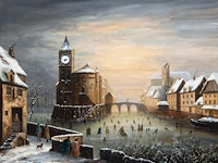 A 19thc musical picture clock depicting a romantic view of ice skaters in a dutch town, oil on canvas, 19thc the whole case: 84 x 100 x 18 cm. (33.07 x 39.36 x 7.08 in.), the painting: 64 x 81 cm. (25.19 x 31.89 in.) - afbeelding 4 van  11
