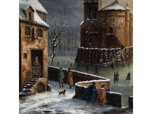 A 19thc musical picture clock depicting a romantic view of ice skaters in a dutch town, oil on canvas, 19thc the whole case: 84 x 100 x 18 cm. (33.07 x 39.36 x 7.08 in.), the painting: 64 x 81 cm. (25.19 x 31.89 in.) - afbeelding 6 van  11