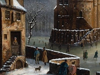 A 19thc musical picture clock depicting a romantic view of ice skaters in a dutch town, oil on canvas, 19thc the whole case: 84 x 100 x 18 cm. (33.07 x 39.36 x 7.08 in.), the painting: 64 x 81 cm. (25.19 x 31.89 in.) - afbeelding 6 van  11