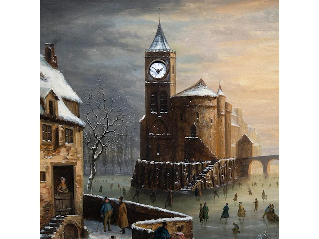 A 19thc musical picture clock depicting a romantic view of ice skaters in a dutch town, oil on canvas, 19thc the whole case: 84 x 100 x 18 cm. (33.07 x 39.36 x 7.08 in.), the painting: 64 x 81 cm. (25.19 x 31.89 in.) - afbeelding 7 van  11