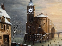 A 19thc musical picture clock depicting a romantic view of ice skaters in a dutch town, oil on canvas, 19thc the whole case: 84 x 100 x 18 cm. (33.07 x 39.36 x 7.08 in.), the painting: 64 x 81 cm. (25.19 x 31.89 in.) - afbeelding 7 van  11