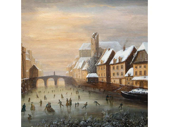 A 19thc musical picture clock depicting a romantic view of ice skaters in a dutch town, oil on canvas, 19thc the whole case: 84 x 100 x 18 cm. (33.07 x 39.36 x 7.08 in.), the painting: 64 x 81 cm. (25.19 x 31.89 in.) - afbeelding 8 van  11