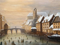A 19thc musical picture clock depicting a romantic view of ice skaters in a dutch town, oil on canvas, 19thc the whole case: 84 x 100 x 18 cm. (33.07 x 39.36 x 7.08 in.), the painting: 64 x 81 cm. (25.19 x 31.89 in.) - afbeelding 8 van  11