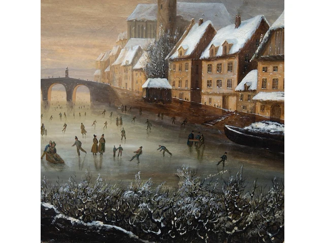 A 19thc musical picture clock depicting a romantic view of ice skaters in a dutch town, oil on canvas, 19thc the whole case: 84 x 100 x 18 cm. (33.07 x 39.36 x 7.08 in.), the painting: 64 x 81 cm. (25.19 x 31.89 in.) - afbeelding 9 van  11