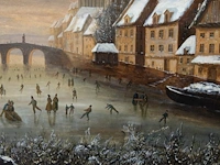 A 19thc musical picture clock depicting a romantic view of ice skaters in a dutch town, oil on canvas, 19thc the whole case: 84 x 100 x 18 cm. (33.07 x 39.36 x 7.08 in.), the painting: 64 x 81 cm. (25.19 x 31.89 in.) - afbeelding 9 van  11