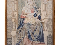 A 19thc wall tapestry depicting a sedes sapientiae, marked t.d.w. 147 x 98.5 cm. (57.86 x 38.78 in.)