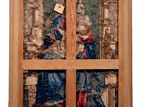 A 19thc wall tapestry depicting a sedes sapientiae, marked t.d.w. 147 x 98.5 cm. (57.86 x 38.78 in.) - afbeelding 2 van  4