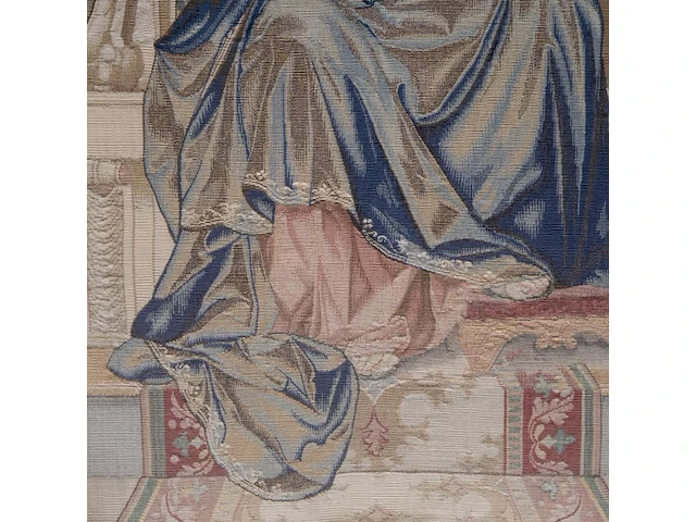 A 19thc wall tapestry depicting a sedes sapientiae, marked t.d.w. 147 x 98.5 cm. (57.86 x 38.78 in.) - afbeelding 4 van  4