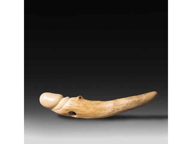 A carved horn phallic netsuke, japan, l 8 cm - afbeelding 2 van  4