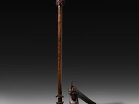 A carved wooden vanuatu tribal club, with two phallic ends, and a matching vanuatu pig killer 82 cm. (32.28 in.)