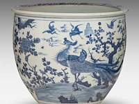 A chinese blue and white 'one hundred birds' fish bowl, inscribed zhu shi zhu ren, early qing dynasty, h 40 - ø 45 cm