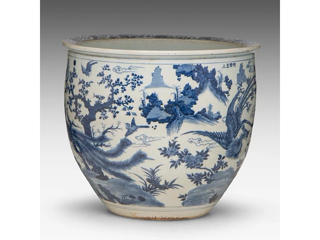 A chinese blue and white 'one hundred birds' fish bowl, inscribed zhu shi zhu ren, early qing dynasty, h 40 - ø 45 cm - afbeelding 2 van  6