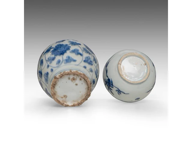 A chinese blue and white shipwreck 'cat' and an 'egret' small saucer, a 'scrolling lotus' jar, a 'crane' box and cover, ming dynasty, tallest h 11 cm - afbeelding 5 van  13