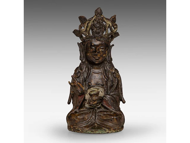 A chinese bronze figure of vairocana, ming dynasty, h 17 cm - weight about 615g - afbeelding 1 van  7