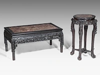 A chinese carved hardwood low table and a tall stand, both inset with a marble top, late qing, h 51 - 58 x 106 cm / h 81 cm