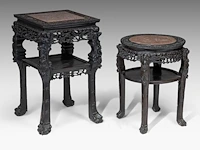 A chinese carved hardwood round stand and a square stand, late qing, h 65 cm (round) / h 81 cm (square)