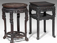 A chinese carved hardwood round stand and a square stand, late qing, h 81 cm (each)