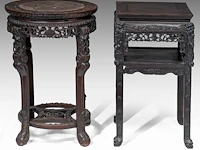 A chinese carved hardwood round stand and a square stand, late qing, h 81 cm (each) - afbeelding 2 van  5