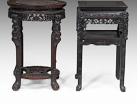 A chinese carved hardwood round stand and a square stand, late qing, h 81 cm (each) - afbeelding 4 van  5
