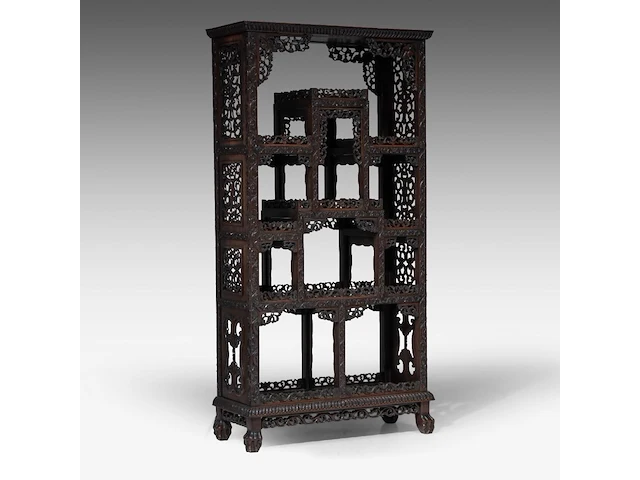 A chinese carved hardwood shelved cabinet in the acanthus-leaf style, late 19th century, h 156 - 81 × 33 cm - afbeelding 1 van  5
