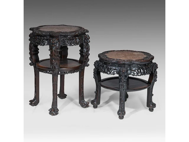 A chinese carved hardwood tall base and a lower base, inset with a marble top, late qing, h 56 - 81 cm - afbeelding 1 van  3