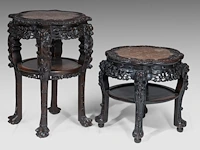 A chinese carved hardwood tall base and a lower base, inset with a marble top, late qing, h 56 - 81 cm