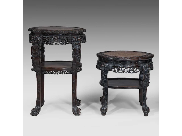 A chinese carved hardwood tall base and a lower base, inset with a marble top, late qing, h 56 - 81 cm - afbeelding 2 van  3