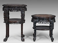 A chinese carved hardwood tall base and a lower base, inset with a marble top, late qing, h 56 - 81 cm - afbeelding 2 van  3