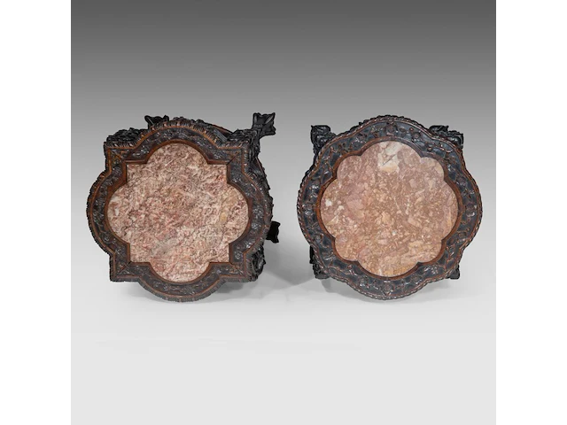 A chinese carved hardwood tall base and a lower base, inset with a marble top, late qing, h 56 - 81 cm - afbeelding 3 van  3