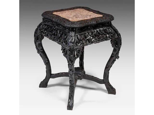 A chinese carved rectangular hardwood base, inset with a marble top, late 19thc, h 65 cm - afbeelding 1 van  7