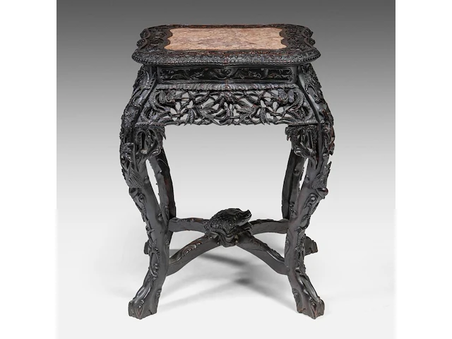 A chinese carved rectangular hardwood base, inset with a marble top, late 19thc, h 65 cm - afbeelding 2 van  7