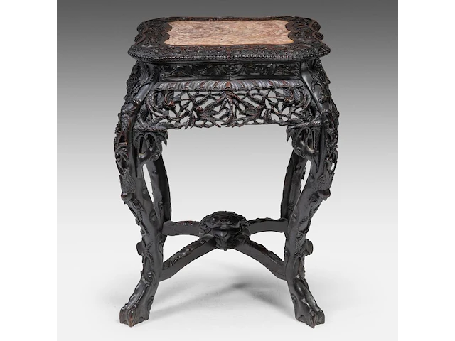 A chinese carved rectangular hardwood base, inset with a marble top, late 19thc, h 65 cm - afbeelding 3 van  7