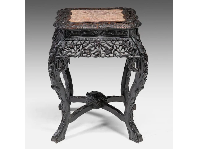 A chinese carved rectangular hardwood base, inset with a marble top, late 19thc, h 65 cm - afbeelding 4 van  7