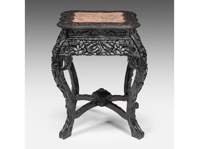 A chinese carved rectangular hardwood base, inset with a marble top, late 19thc, h 65 cm - afbeelding 5 van  7