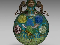 A chinese cloisonné enamelled 'phoenix' moon flask, flanked by two bronze chilong handles, republic period, total h 45,5 cm