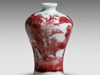 A chinese copper red 'pavilion and scholar by a river' snuff bottle, qianlong period (18thc), h 7,5 cm