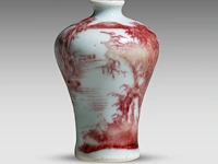 A chinese copper red 'pavilion and scholar by a river' snuff bottle, qianlong period (18thc), h 7,5 cm - afbeelding 4 van  6