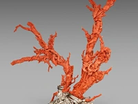 A chinese coral carving, depicting birds on prunus branches, late qing, fixed on a metal foot, total weight about 1950g - total h 36,5 x l 34 cm - afbeelding 2 van  9