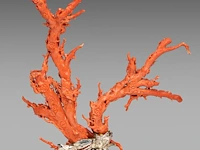 A chinese coral carving, depicting birds on prunus branches, late qing, fixed on a metal foot, total weight about 1950g - total h 36,5 x l 34 cm - afbeelding 4 van  9