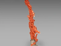 A chinese coral carving, depicting birds on prunus branches, late qing, fixed on a metal foot, total weight about 1950g - total h 36,5 x l 34 cm - afbeelding 5 van  9