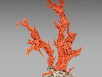 A chinese coral carving, depicting birds on prunus branches, late qing, fixed on a metal foot, total weight about 1950g - total h 36,5 x l 34 cm - afbeelding 6 van  9