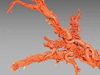 A chinese coral carving, depicting birds on prunus branches, late qing, fixed on a metal foot, total weight about 1950g - total h 36,5 x l 34 cm - afbeelding 7 van  9