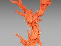A chinese coral carving, depicting birds on prunus branches, late qing, fixed on a metal foot, total weight about 1950g - total h 36,5 x l 34 cm - afbeelding 8 van  9