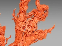 A chinese coral carving, depicting birds on prunus branches, late qing, fixed on a metal foot, total weight about 1950g - total h 36,5 x l 34 cm - afbeelding 9 van  9
